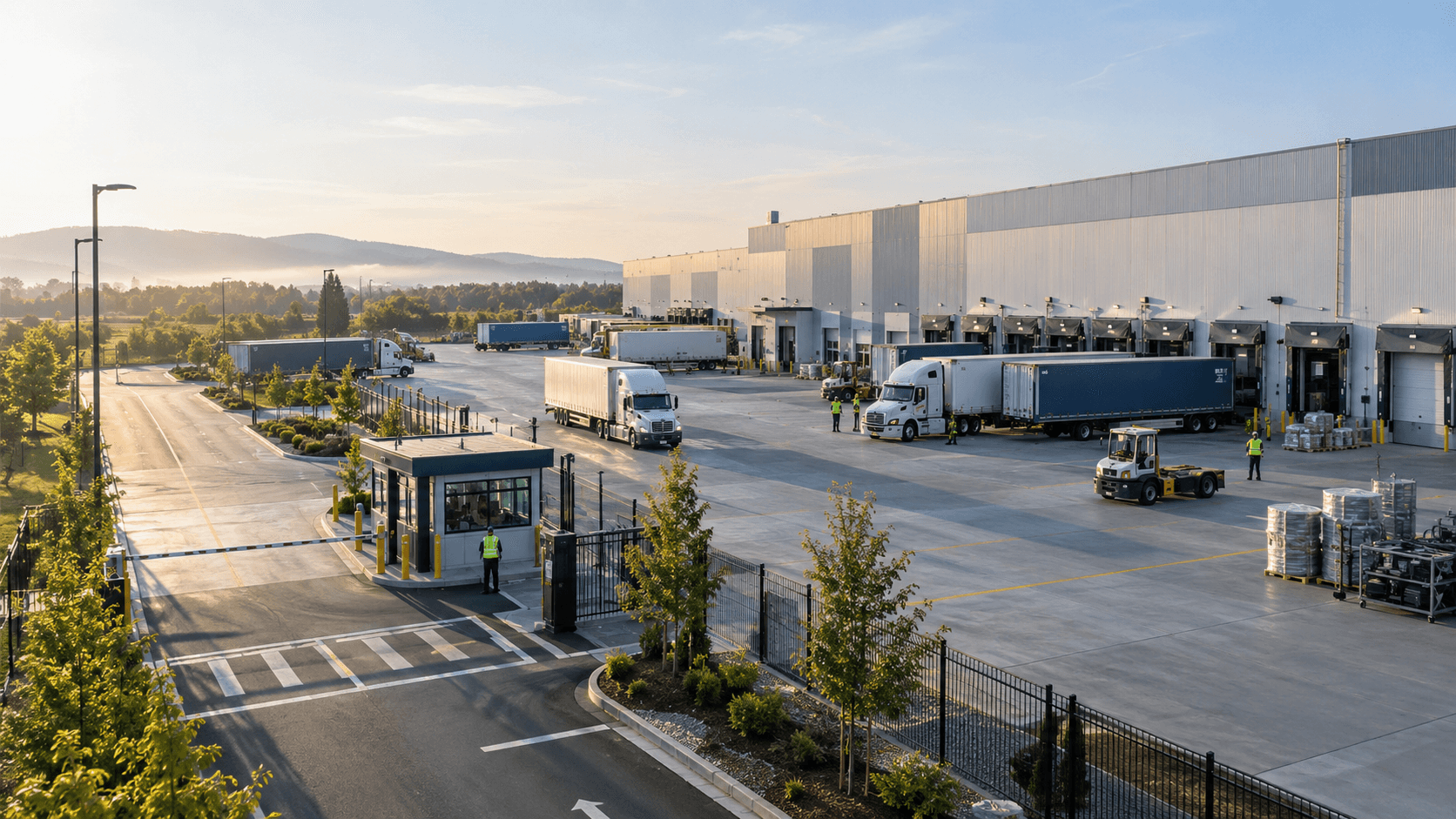 A modern logistics facility with an active yard, loading docks, trucks, and operations staff